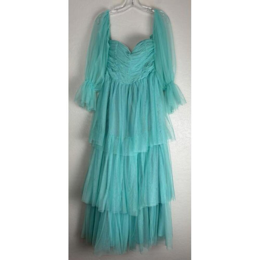 Faeriesty Aqua Tulle Tiered Maxi Dress Sweetheart Puff Sleeve Prom Gown 1867